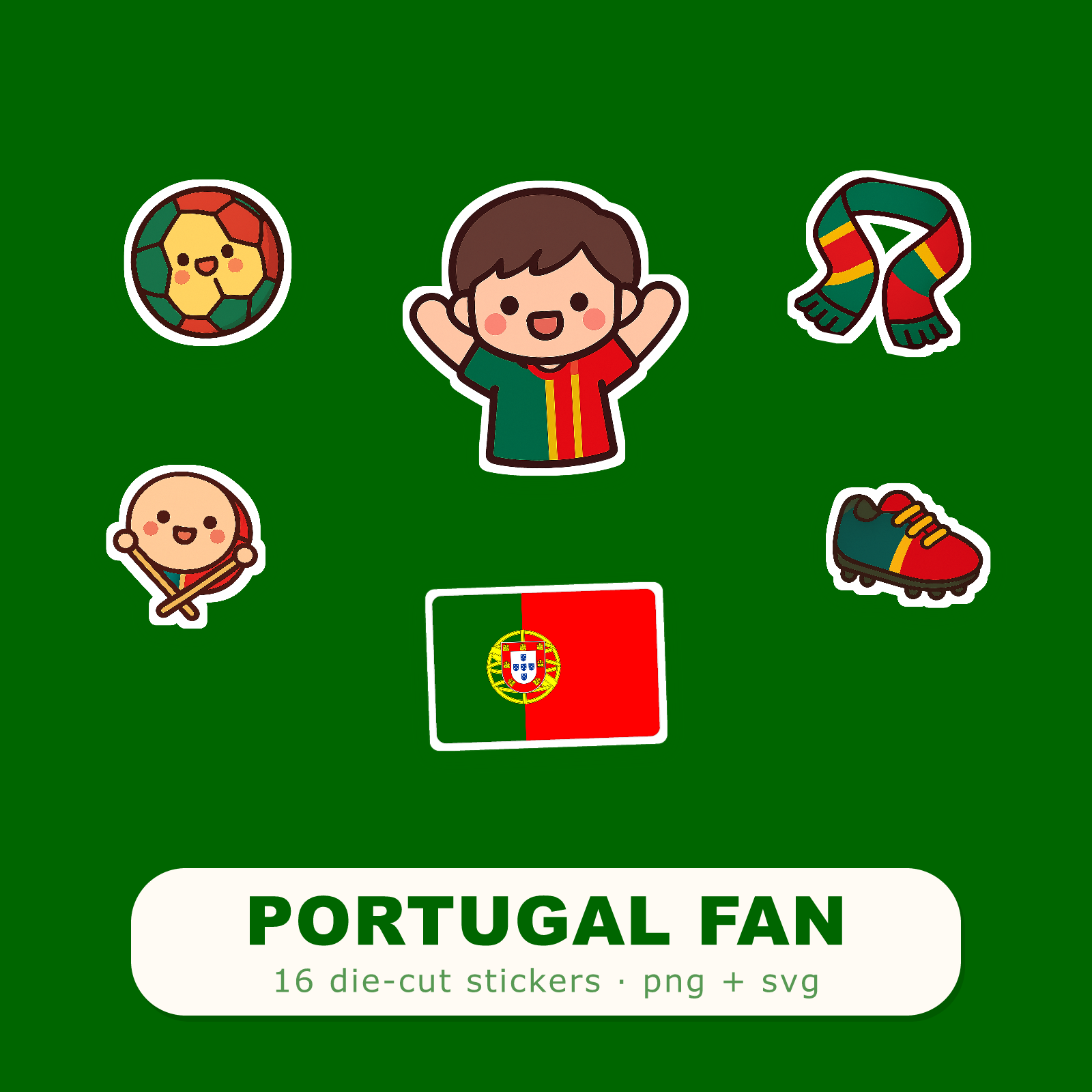 Portugal Football Fan Sticker Pack — 16 Kawaii Die-Cut Supporter Stickers (PNG + SVG)