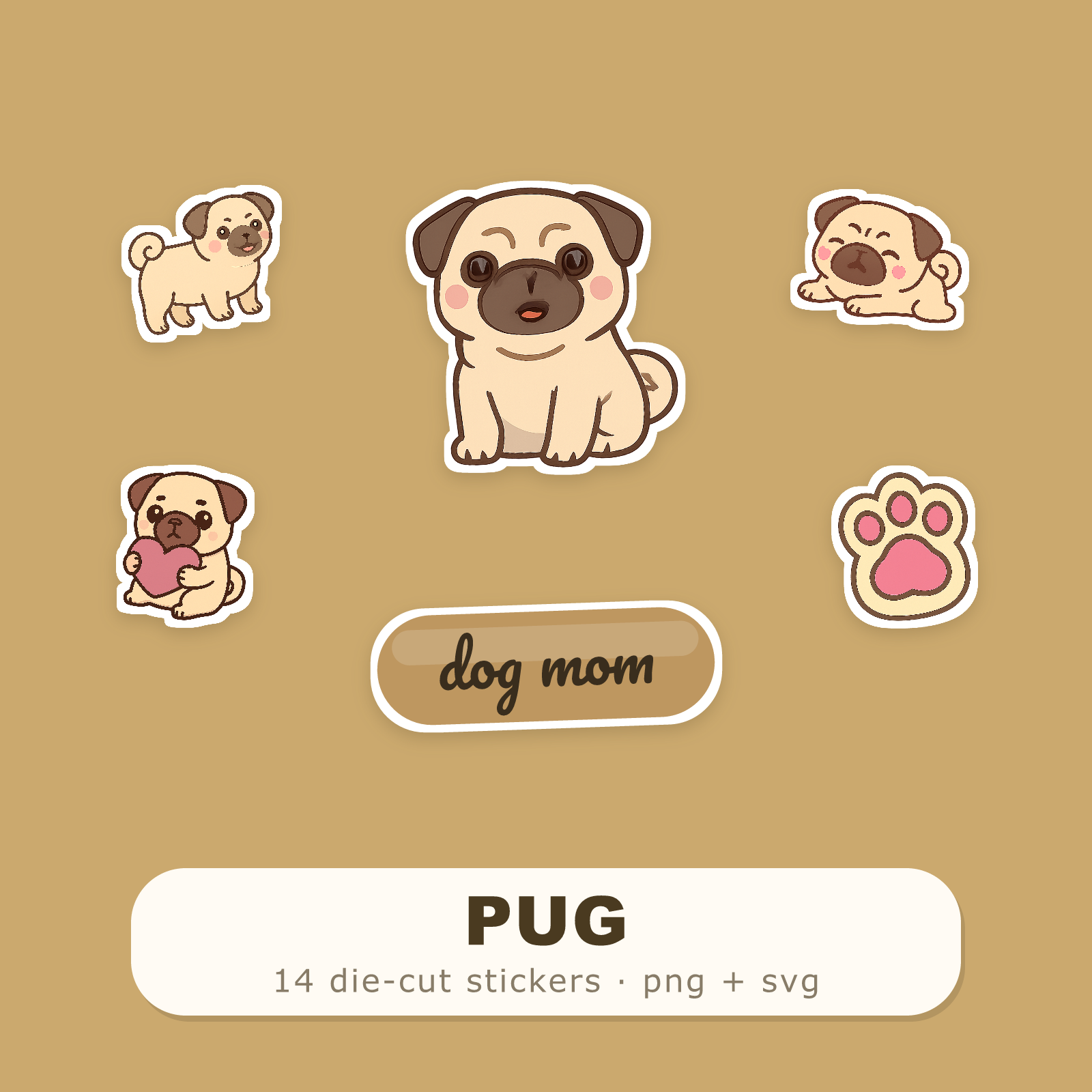 Pug Kawaii Sticker Pack — Dog Mom Die-Cut Stickers (PNG + SVG, Commercial Use)