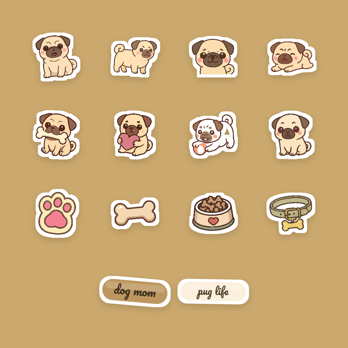 Pug Kawaii Sticker Pack — Dog Mom Die-Cut Stickers (PNG + SVG, Commercial Use) preview 4