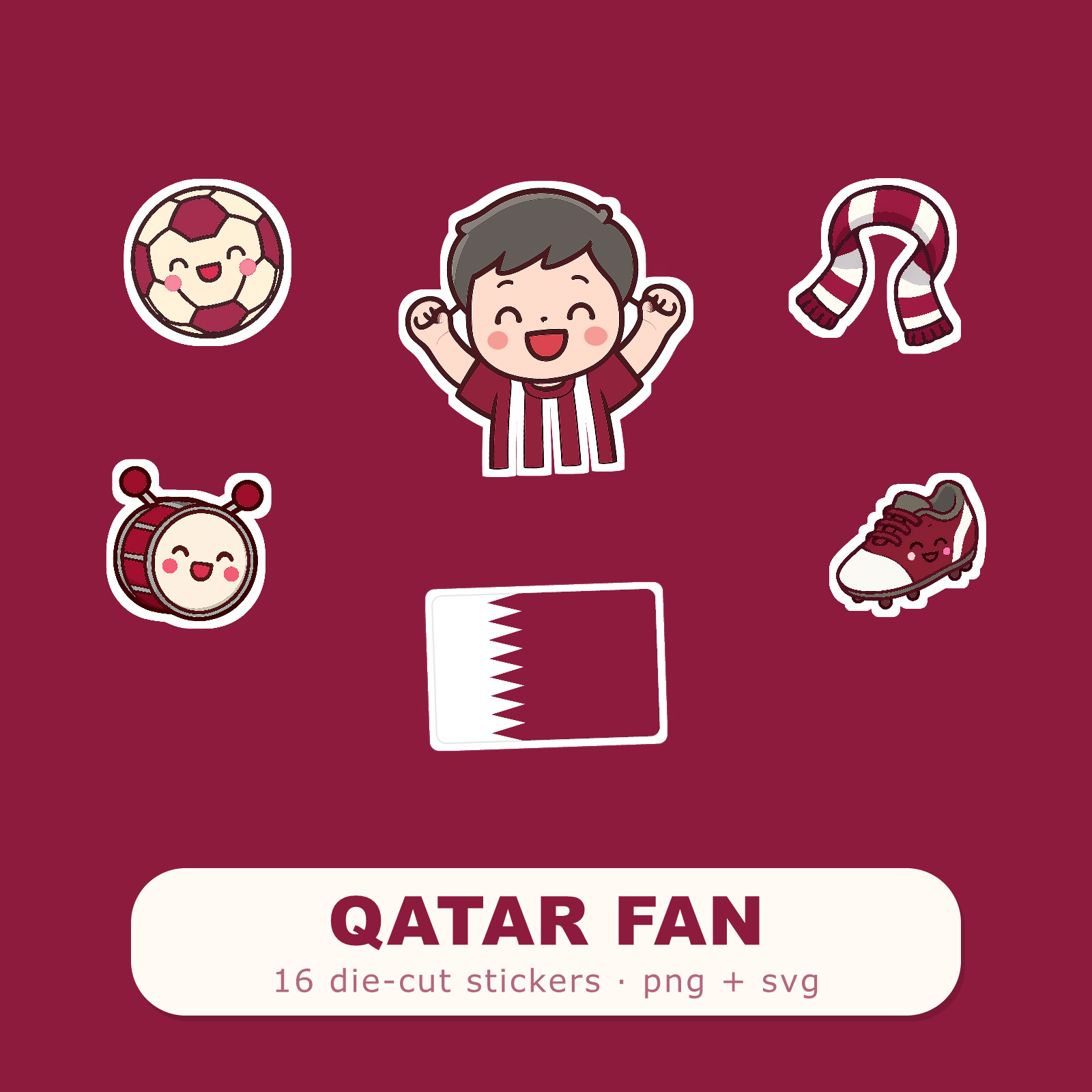 Qatar Football Fan Sticker Pack — 16 Kawaii Die-Cut Supporter Stickers (PNG + SVG)