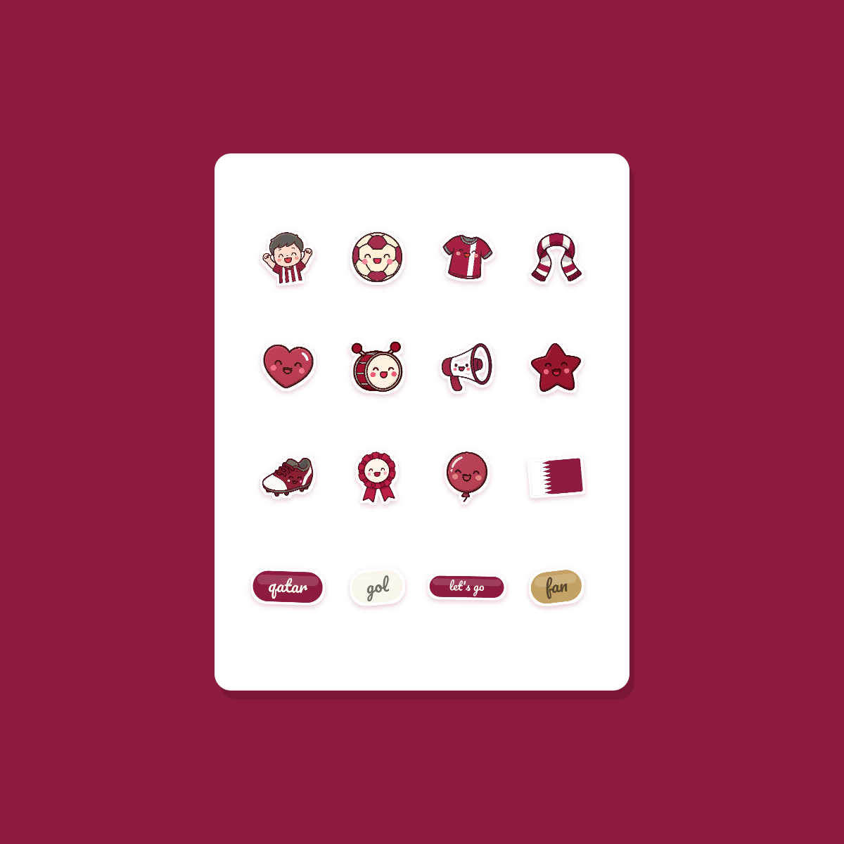 Qatar Football Fan Sticker Pack — 16 Kawaii Die-Cut Supporter Stickers (PNG + SVG) preview 3