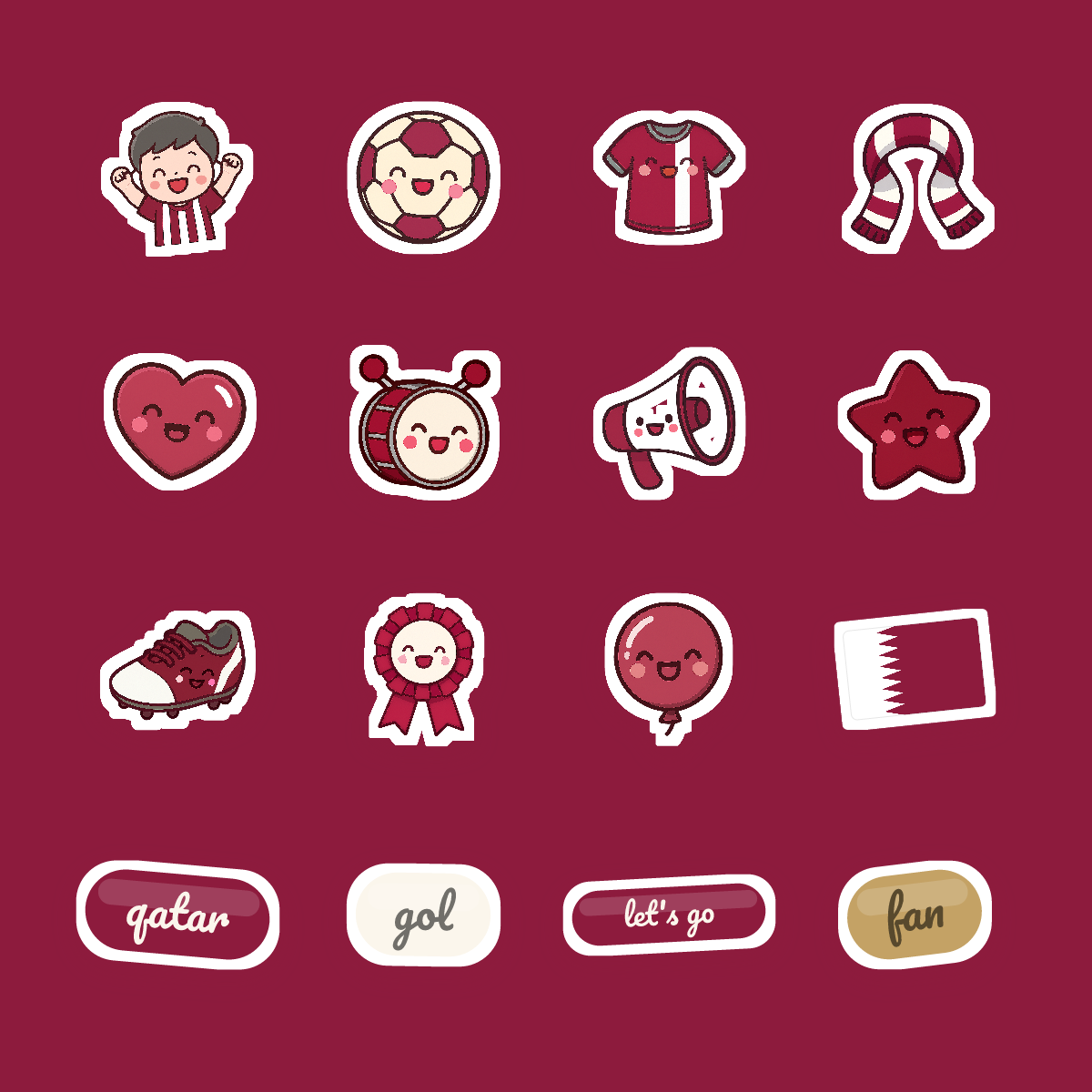 Qatar Football Fan Sticker Pack — 16 Kawaii Die-Cut Supporter Stickers (PNG + SVG) preview 4