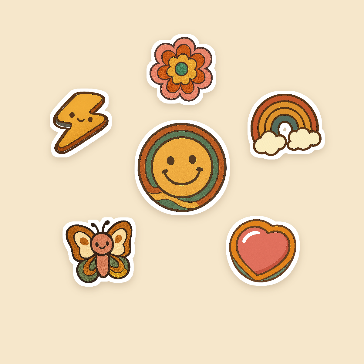 Retro Groovy Sticker Pack — 16 Die-Cut Smiley, Daisy & Rainbow Stickers (PNG + SVG, Commercial Use) preview 2