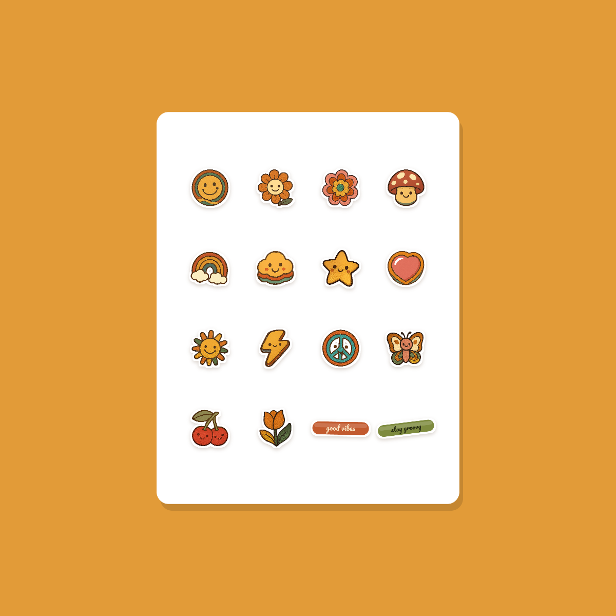Retro Groovy Sticker Pack — 16 Die-Cut Smiley, Daisy & Rainbow Stickers (PNG + SVG, Commercial Use) preview 3