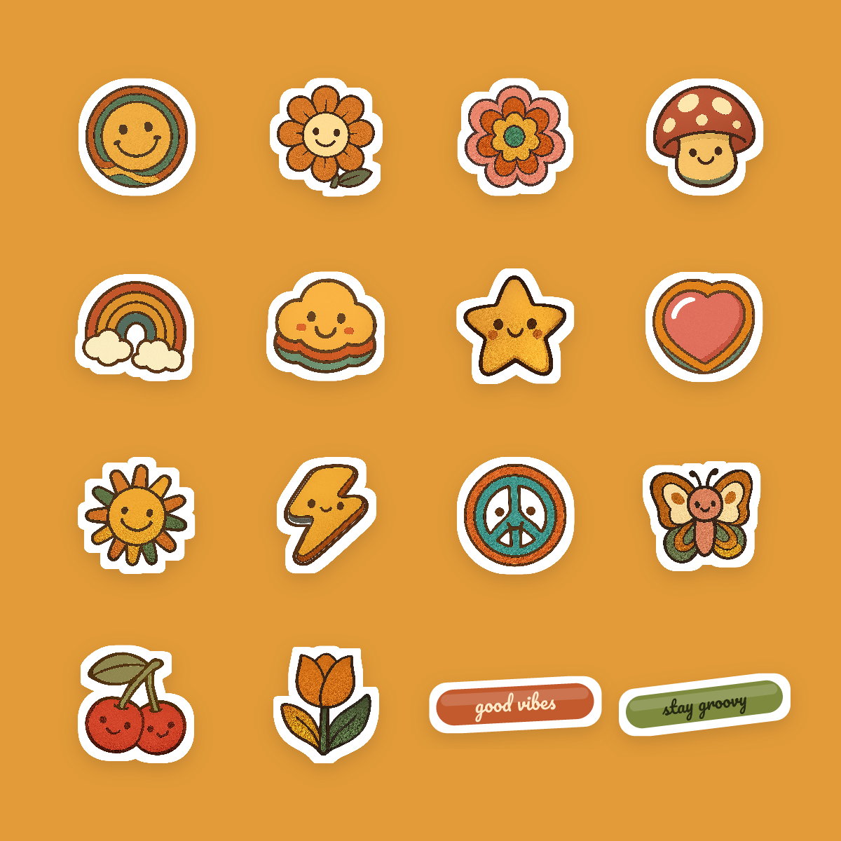Retro Groovy Sticker Pack — 16 Die-Cut Smiley, Daisy & Rainbow Stickers (PNG + SVG, Commercial Use) preview 4