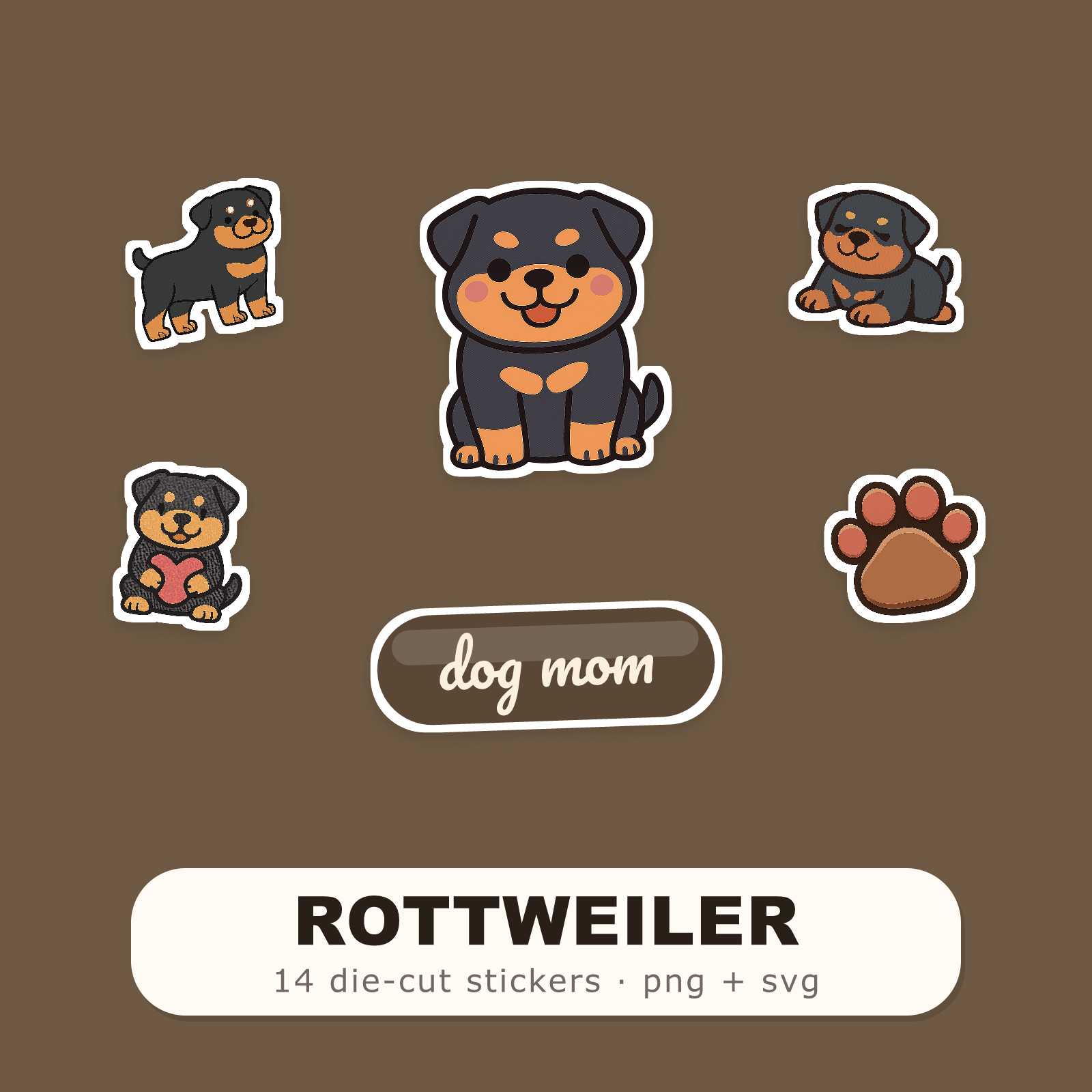 Rottweiler Kawaii Sticker Pack — Dog Mom Die-Cut Stickers (PNG + SVG, Commercial Use)