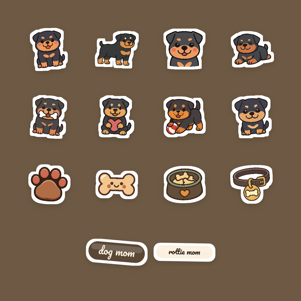 Rottweiler Kawaii Sticker Pack — Dog Mom Die-Cut Stickers (PNG + SVG, Commercial Use) preview 4