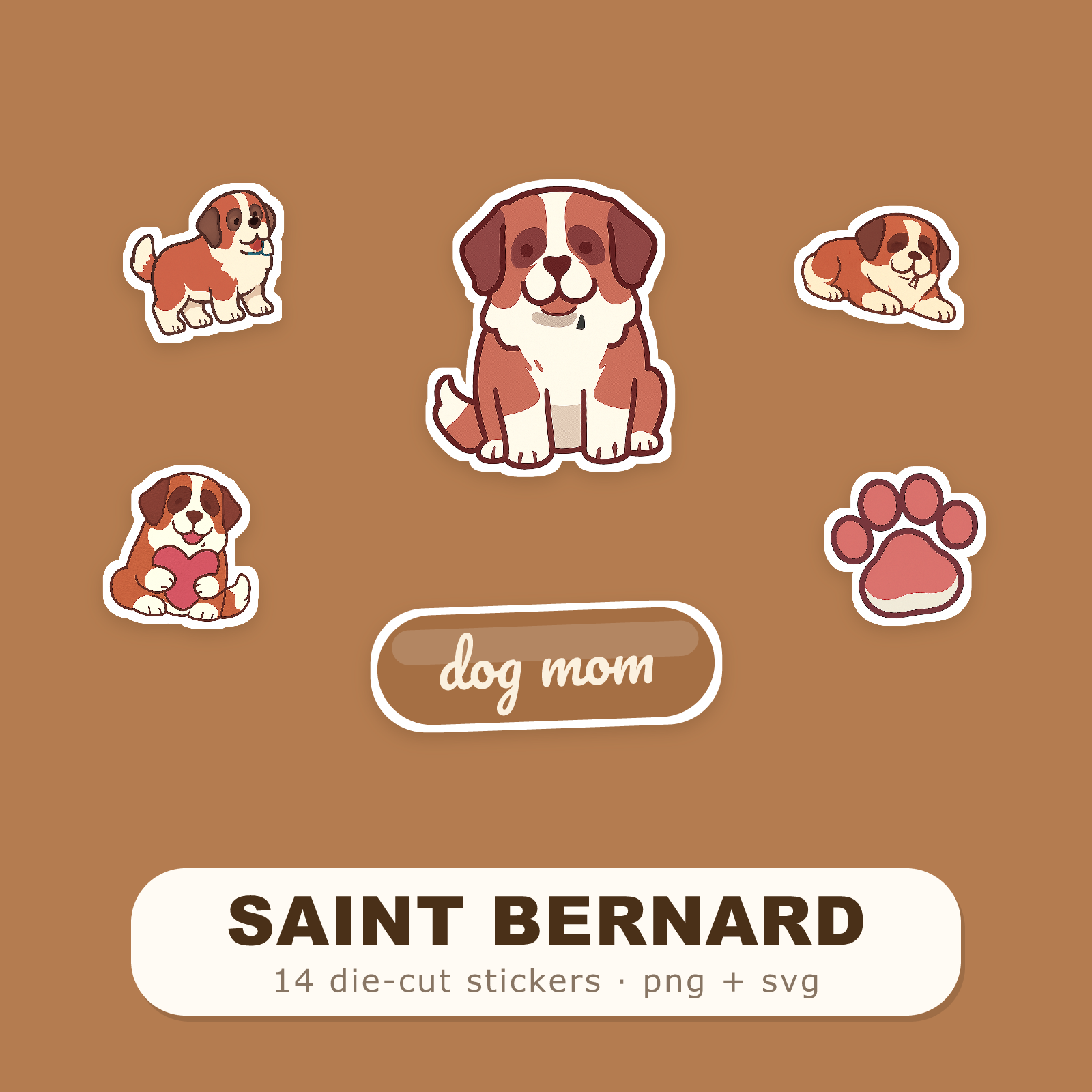 Saint Bernard Kawaii Sticker Pack — Dog Mom Die-Cut Stickers (PNG + SVG, Commercial Use)
