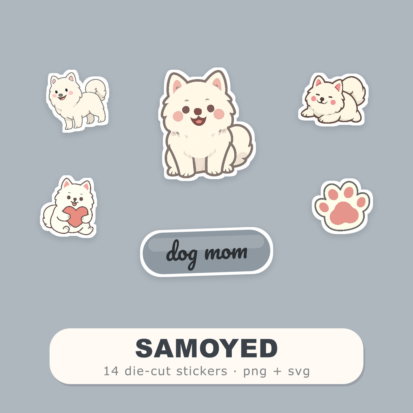 Samoyed Kawaii Sticker Pack — Dog Mom Die-Cut Stickers (PNG + SVG, Commercial Use)