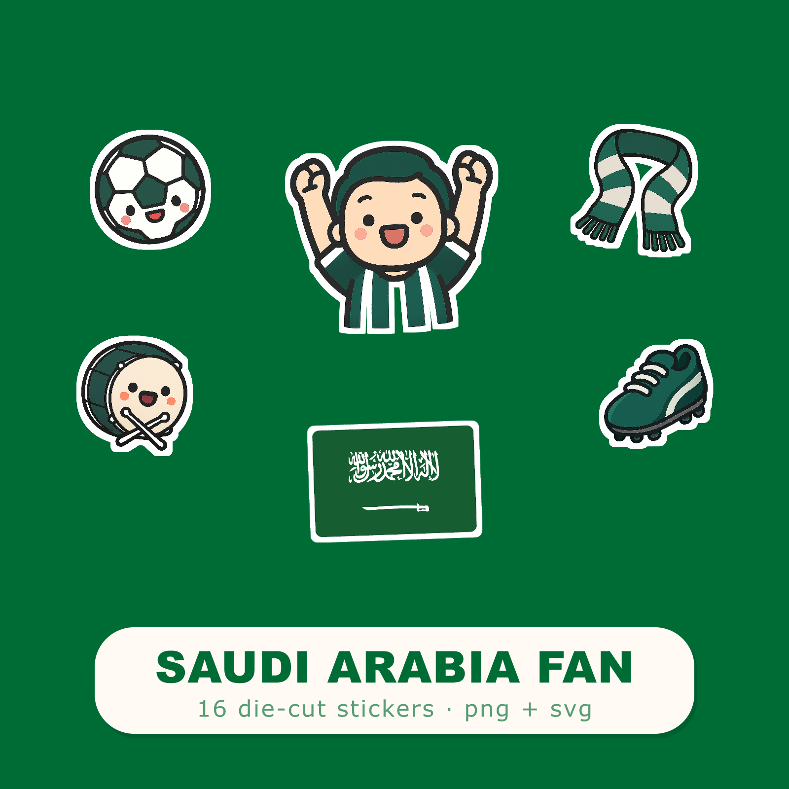 Saudi Arabia Football Fan Sticker Pack — 16 Kawaii Die-Cut Supporter Stickers (PNG + SVG)
