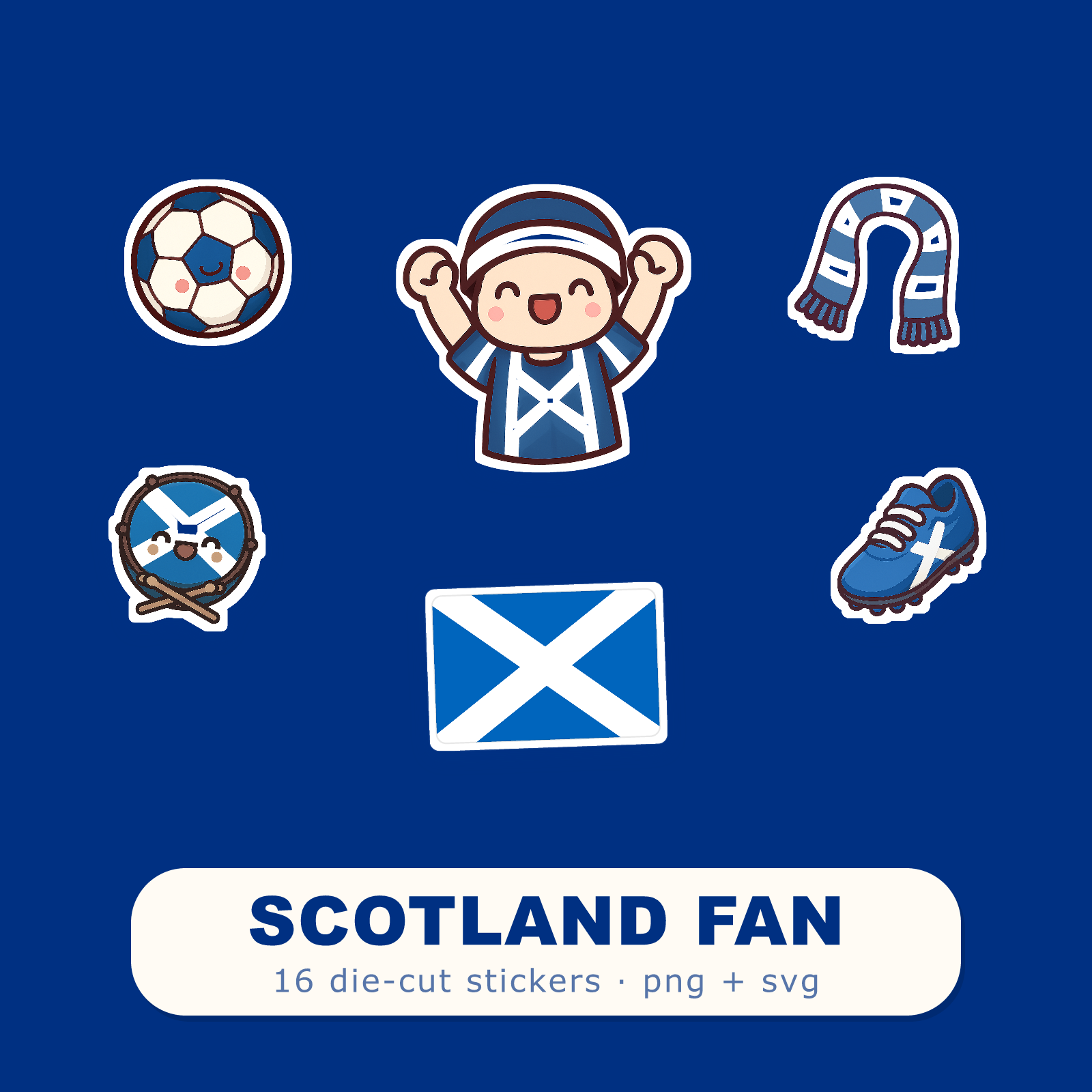 Scotland Football Fan Sticker Pack — 16 Kawaii Die-Cut Supporter Stickers (PNG + SVG)