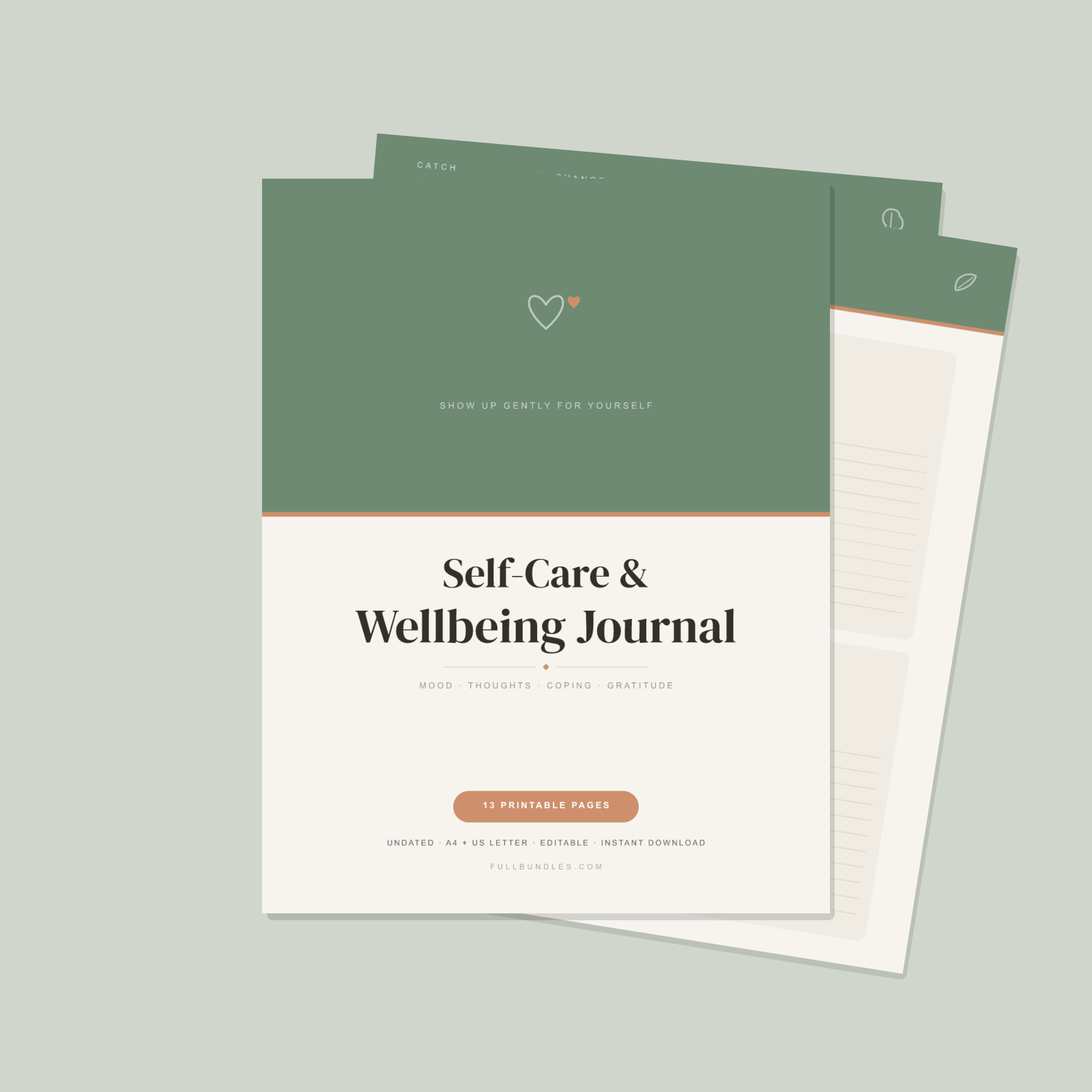 Self-Care & Wellbeing Journal — 13 Printable Pages (Mood Tracker, Feelings Check-In, Coping & Self-Care Menus, Gratitude, Weekly Reflection, Values & Journaling · A4 + US Letter PDF + SVG)