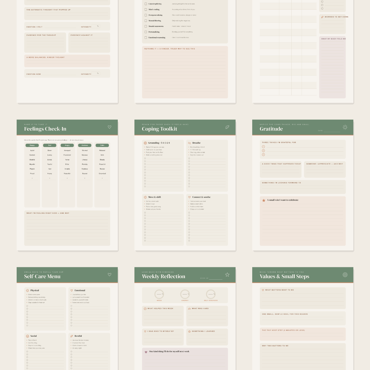 Self-Care & Wellbeing Journal — 13 Printable Pages (Mood Tracker, Feelings Check-In, Coping & Self-Care Menus, Gratitude, Weekly Reflection, Values & Journaling · A4 + US Letter PDF + SVG) preview 3