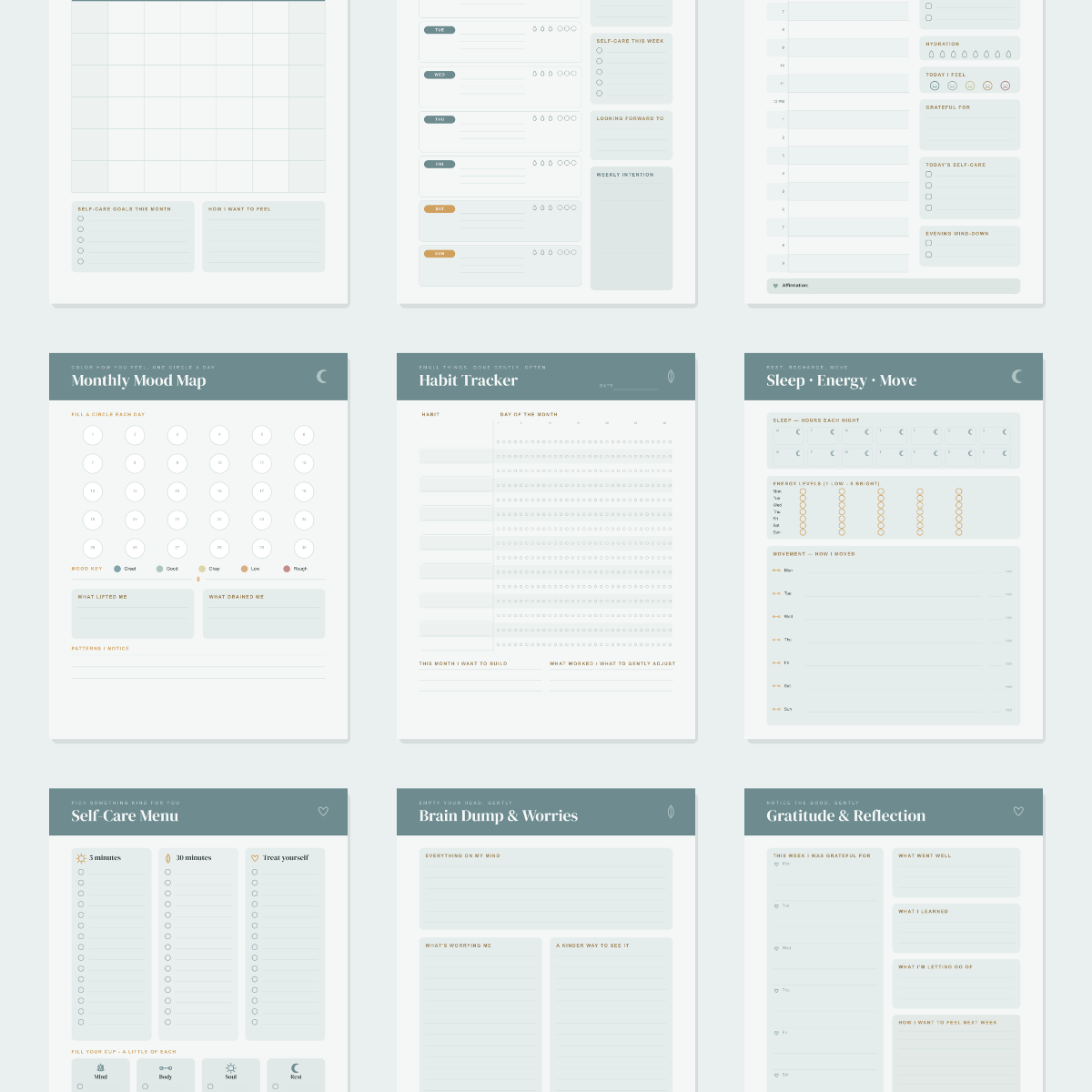 Self-Care & Wellness Planner (Coastal Blue) — 13 Printable Pages (A4 + US Letter PDF + SVG) preview 3