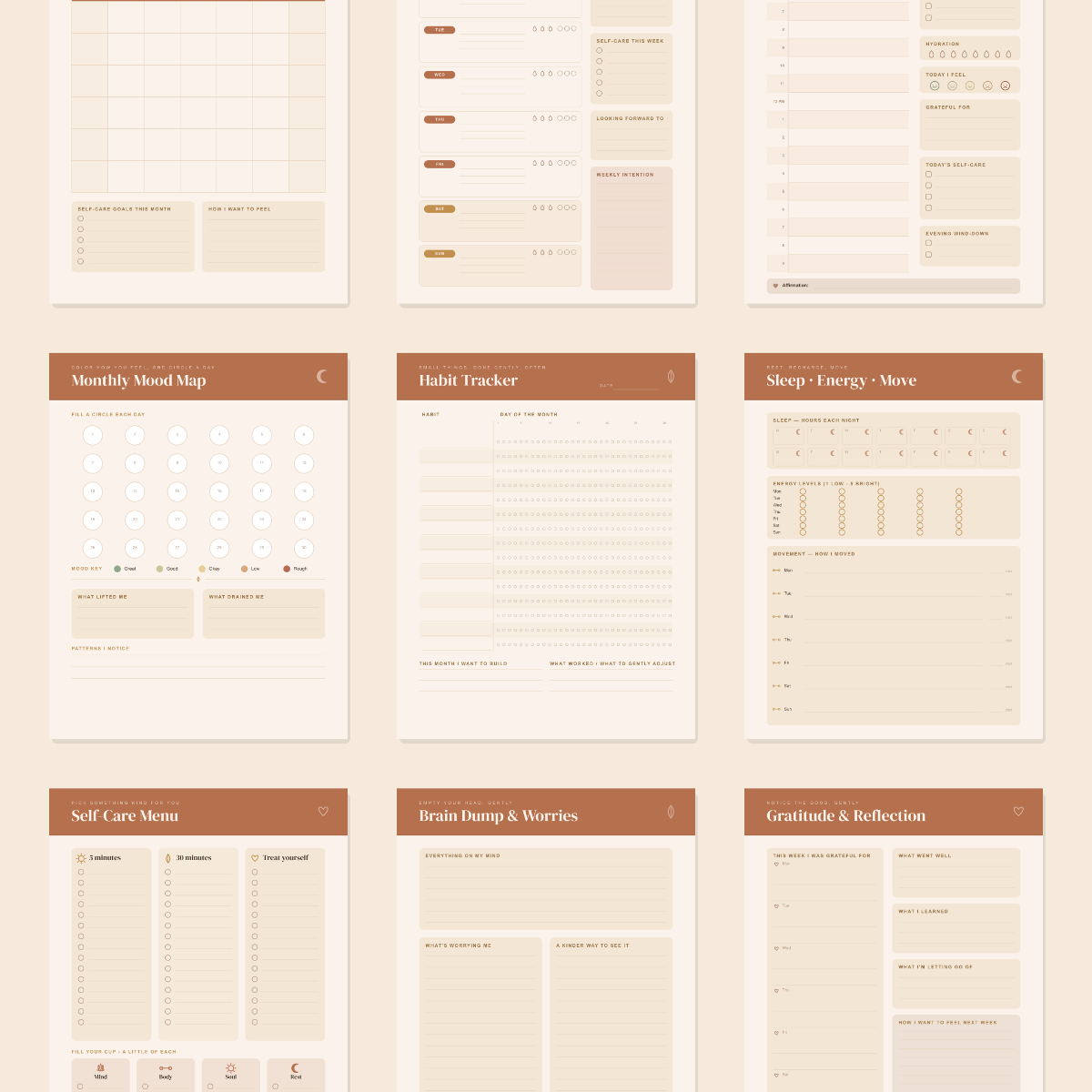 Self-Care & Wellness Planner (Terracotta) — 13 Printable Pages (A4 + US Letter PDF + SVG) preview 3
