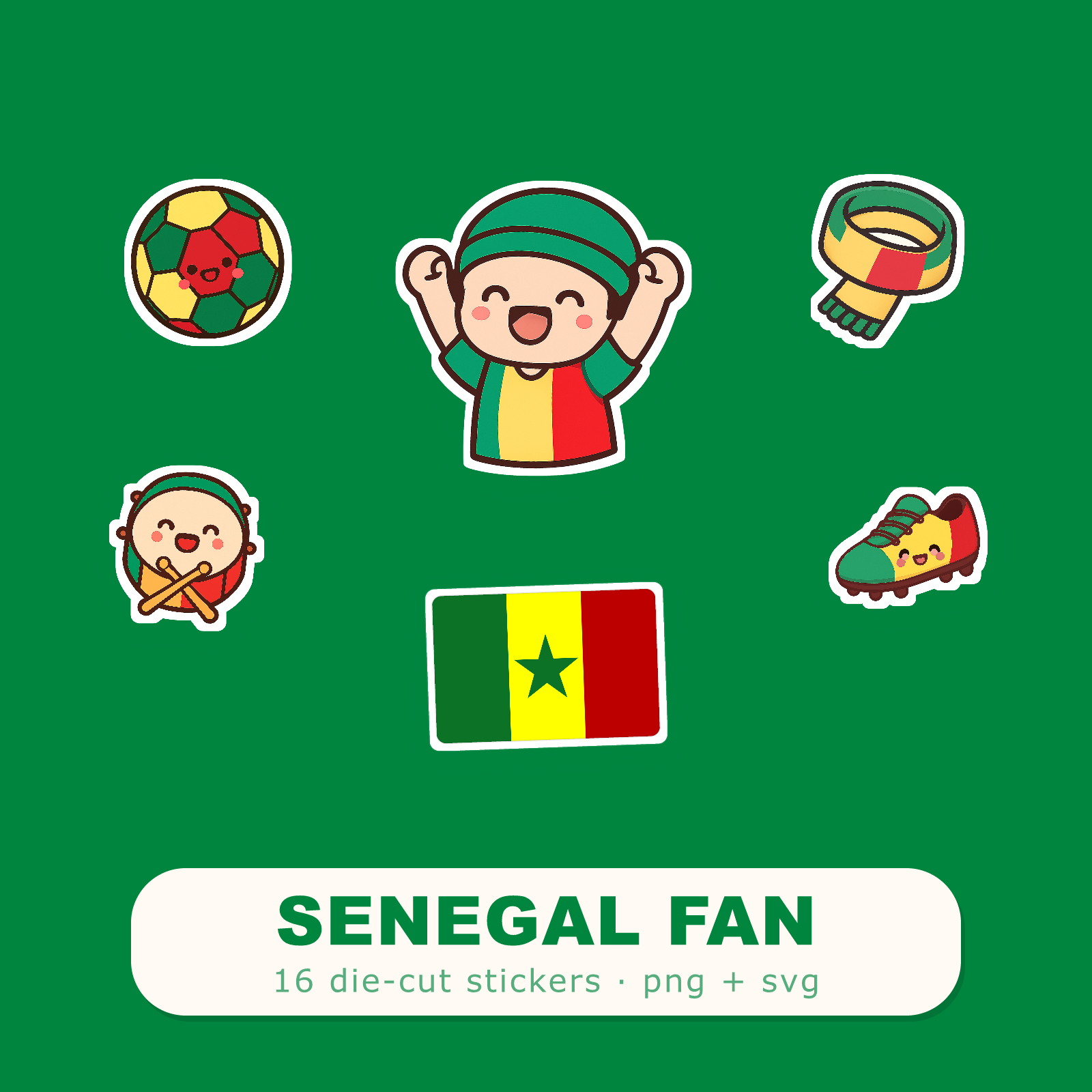 Senegal Football Fan Sticker Pack — 16 Kawaii Die-Cut Supporter Stickers (PNG + SVG)