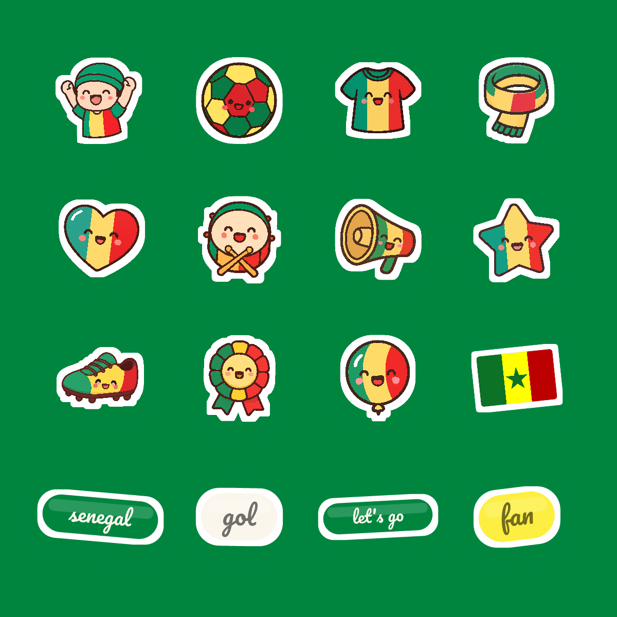 Senegal Football Fan Sticker Pack — 16 Kawaii Die-Cut Supporter Stickers (PNG + SVG) preview 4