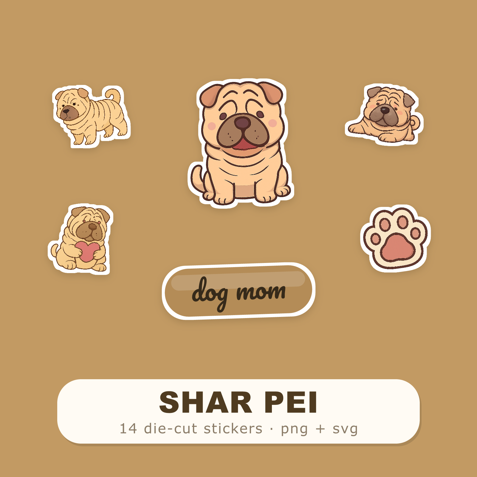 Shar-Pei Kawaii Sticker Pack — Dog Mom Die-Cut Stickers (PNG + SVG, Commercial Use)