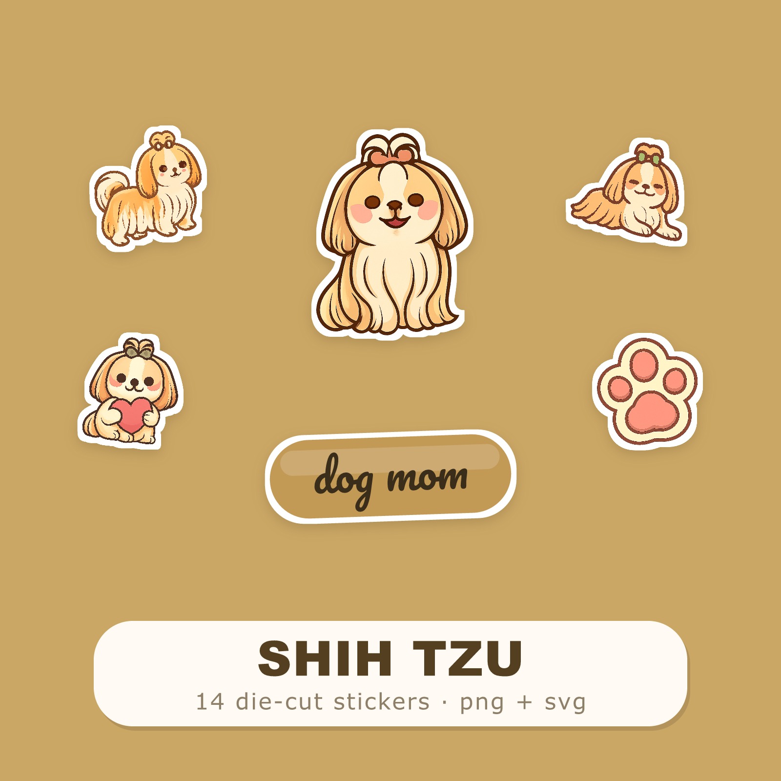 Shih Tzu Kawaii Sticker Pack — Dog Mom Die-Cut Stickers (PNG + SVG, Commercial Use)