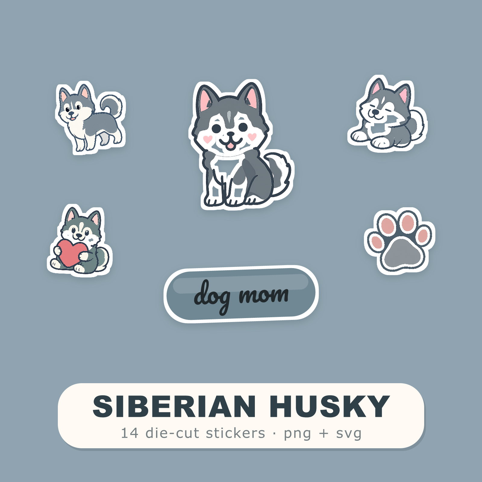 Siberian Husky Kawaii Sticker Pack — Dog Mom Die-Cut Stickers (PNG + SVG, Commercial Use)