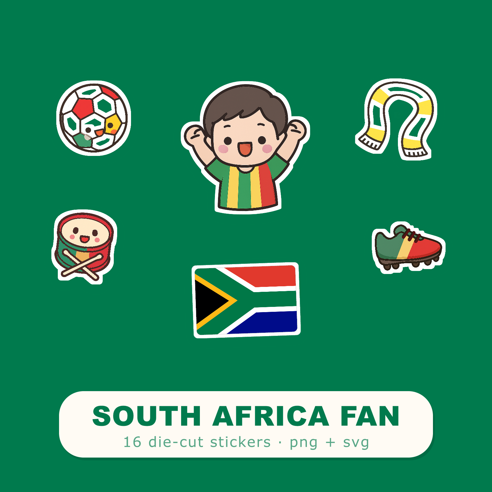 South Africa Football Fan Sticker Pack — 16 Kawaii Die-Cut Supporter Stickers (PNG + SVG)