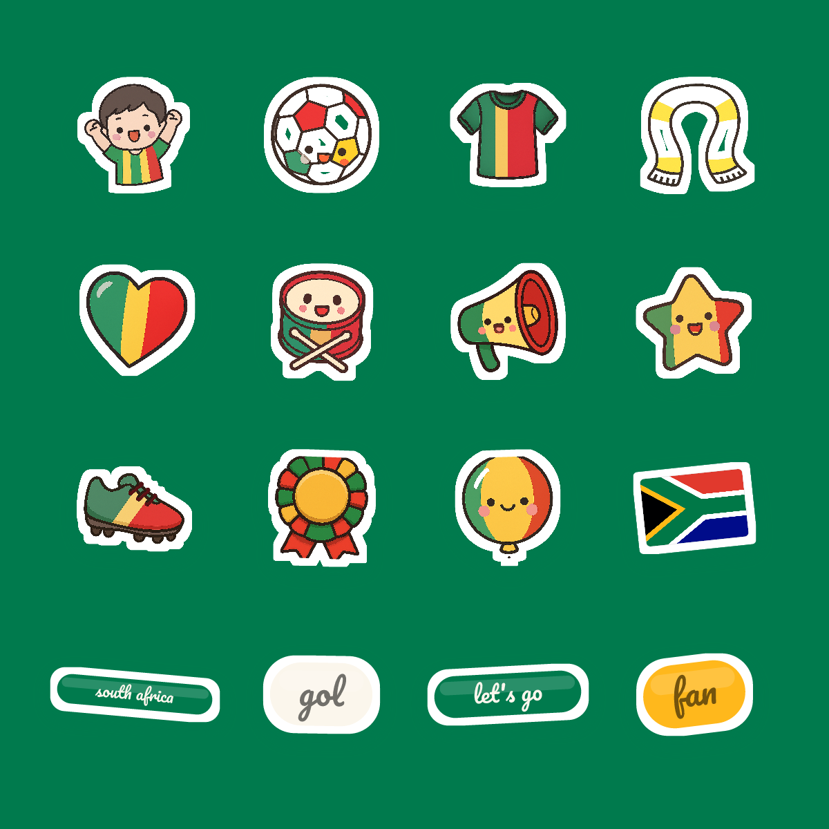 South Africa Football Fan Sticker Pack — 16 Kawaii Die-Cut Supporter Stickers (PNG + SVG) preview 4
