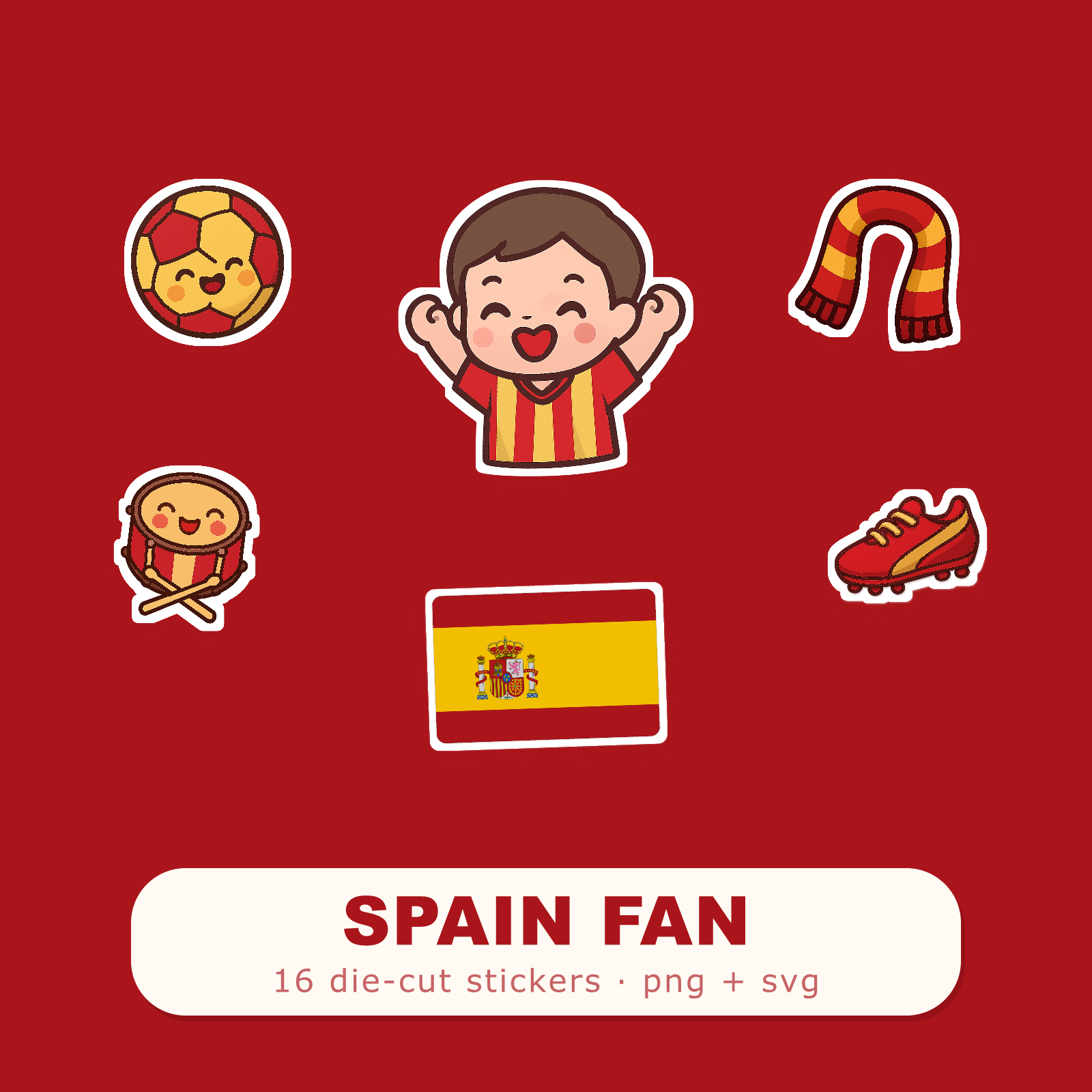Spain Football Fan Sticker Pack — 16 Kawaii Die-Cut Supporter Stickers (PNG + SVG)