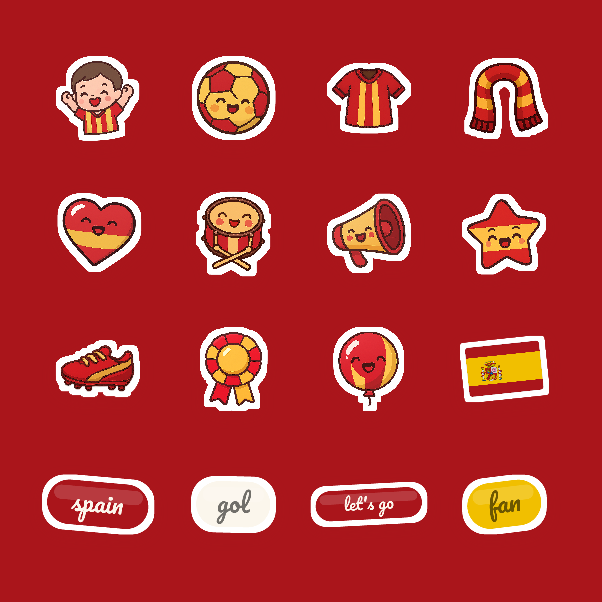 Spain Football Fan Sticker Pack — 16 Kawaii Die-Cut Supporter Stickers (PNG + SVG) preview 4