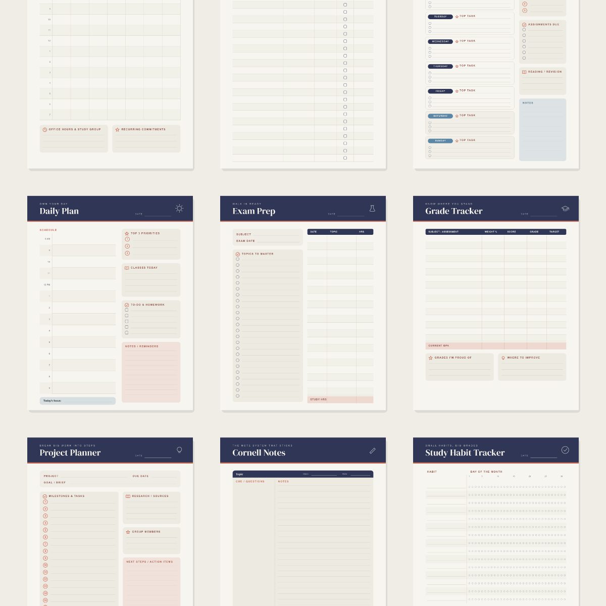 Student Academic Planner — 13 Printable Pages (Class Schedule, Assignments, Exam Prep, Grades, Cornell Notes + Semester Review · A4 + US Letter PDF + SVG) preview 3