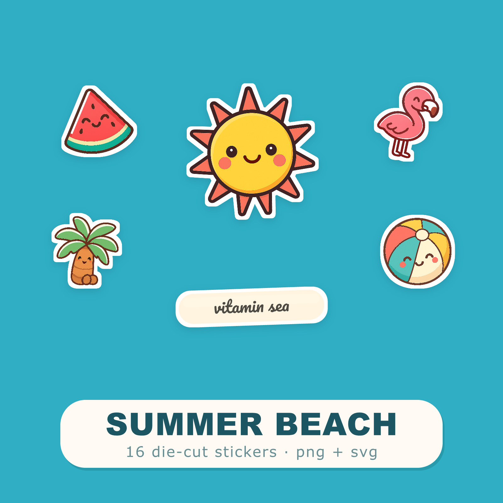 Summer Beach Sticker Pack — 16 Die-Cut Watermelon, Flamingo, Palm & Pineapple Stickers (PNG + SVG, Commercial Use)