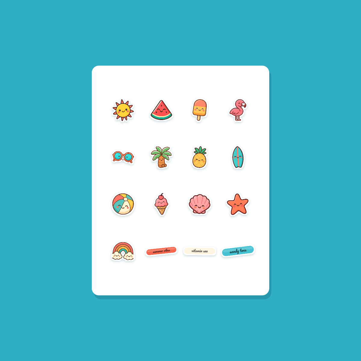 Summer Beach Sticker Pack — 16 Die-Cut Watermelon, Flamingo, Palm & Pineapple Stickers (PNG + SVG, Commercial Use) preview 3