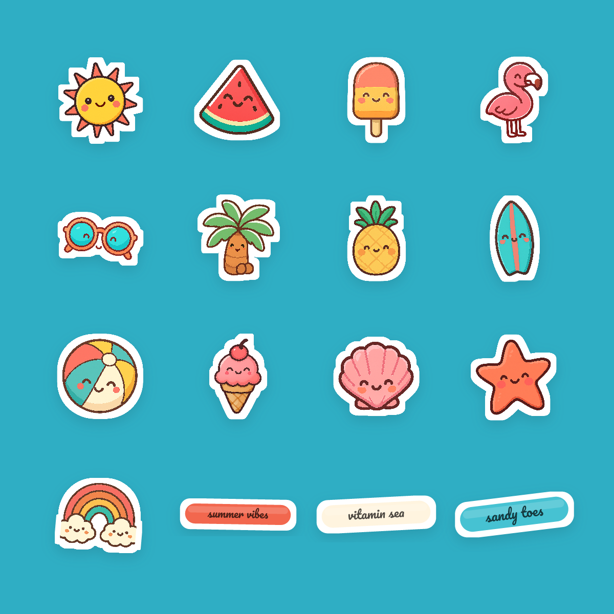 Summer Beach Sticker Pack — 16 Die-Cut Watermelon, Flamingo, Palm & Pineapple Stickers (PNG + SVG, Commercial Use) preview 4