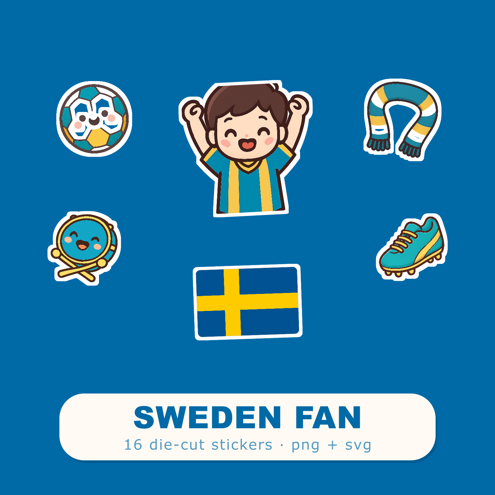 Sweden Football Fan Sticker Pack — 16 Kawaii Die-Cut Supporter Stickers (PNG + SVG)