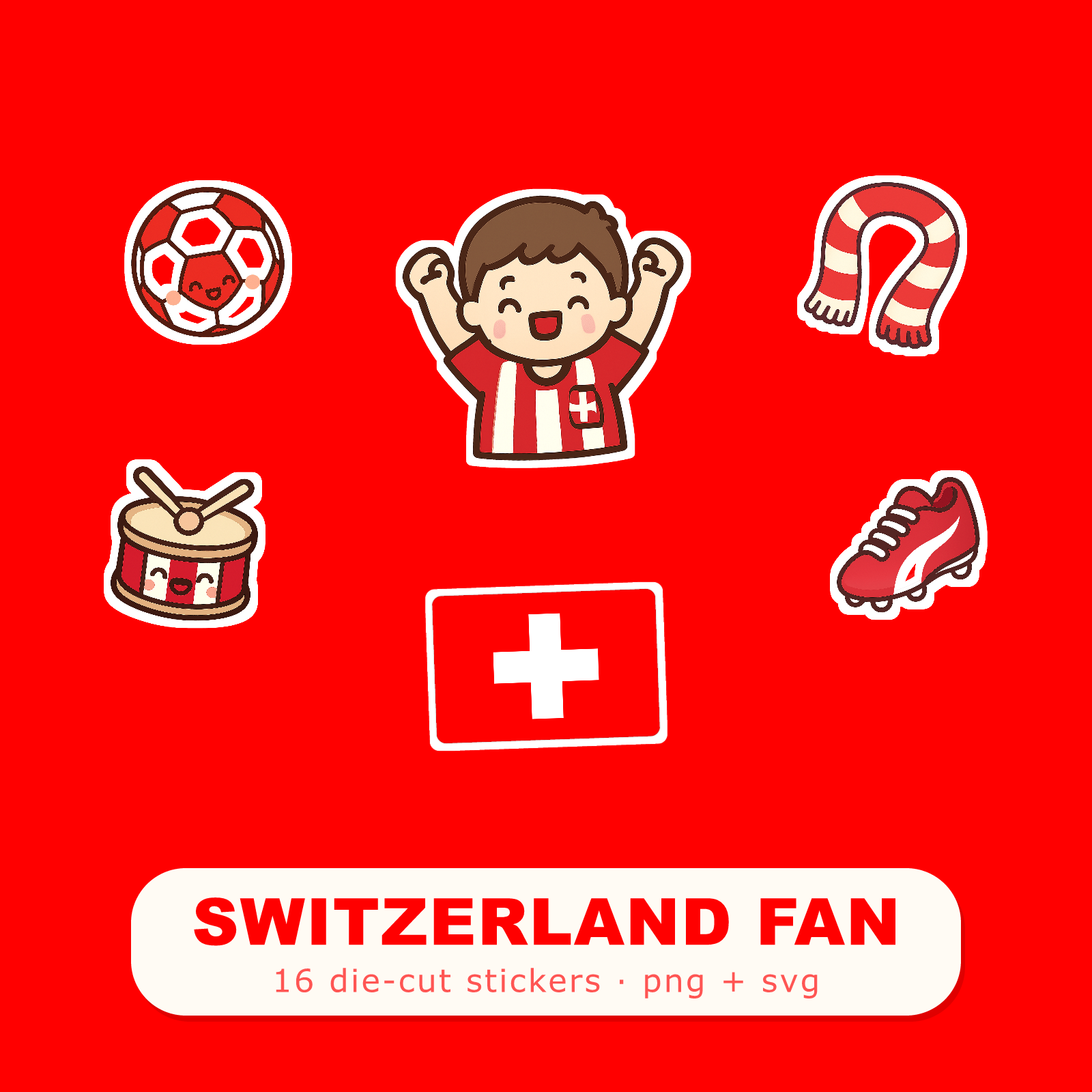 Switzerland Football Fan Sticker Pack — 16 Kawaii Die-Cut Supporter Stickers (PNG + SVG)