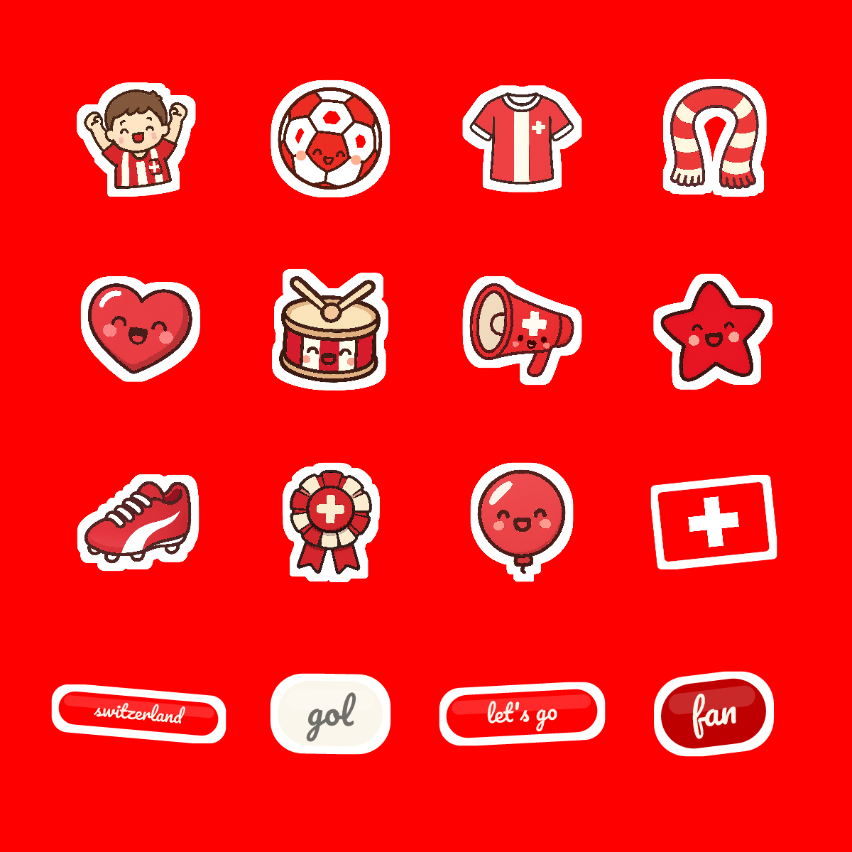 Switzerland Football Fan Sticker Pack — 16 Kawaii Die-Cut Supporter Stickers (PNG + SVG) preview 4