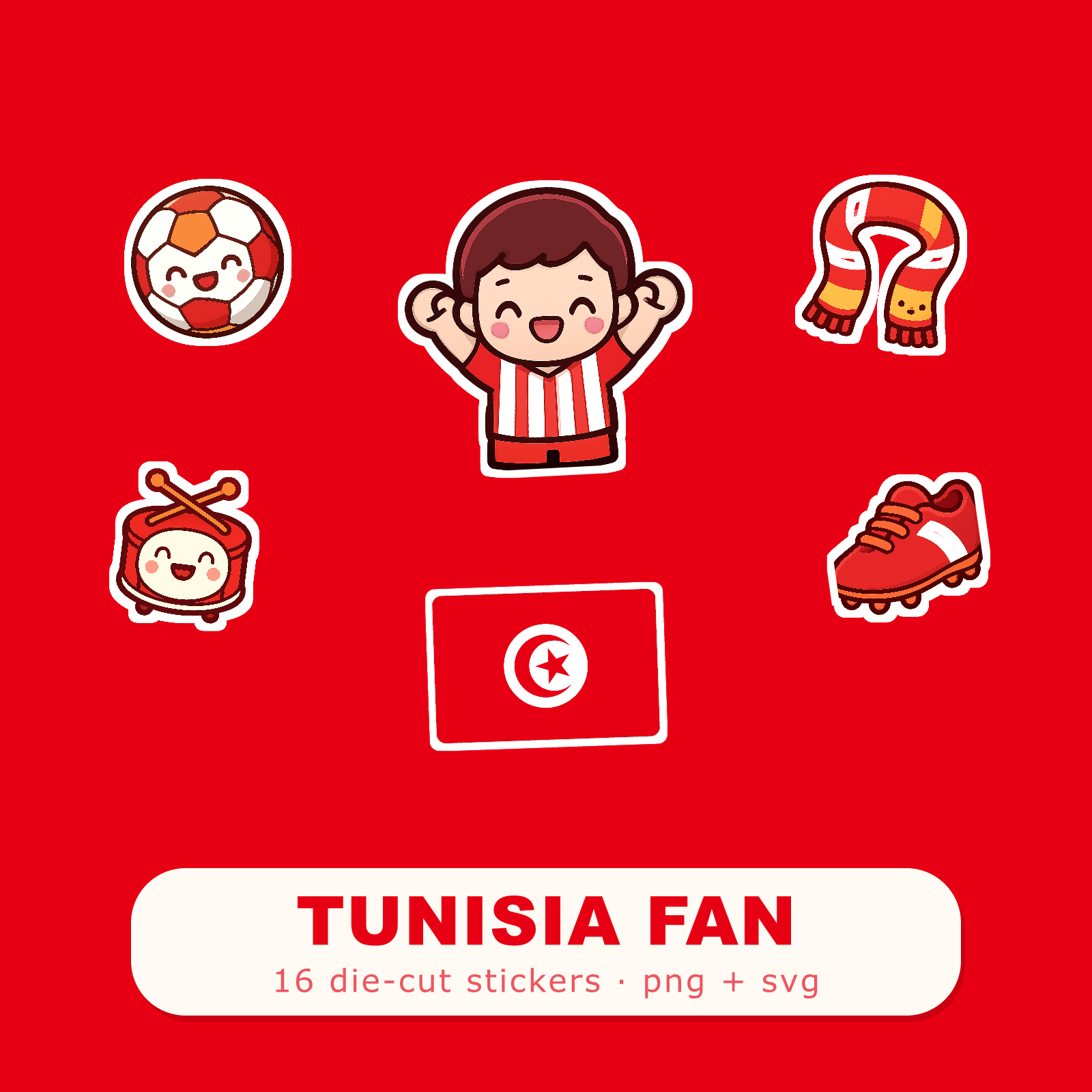 Tunisia Football Fan Sticker Pack — 16 Kawaii Die-Cut Supporter Stickers (PNG + SVG)
