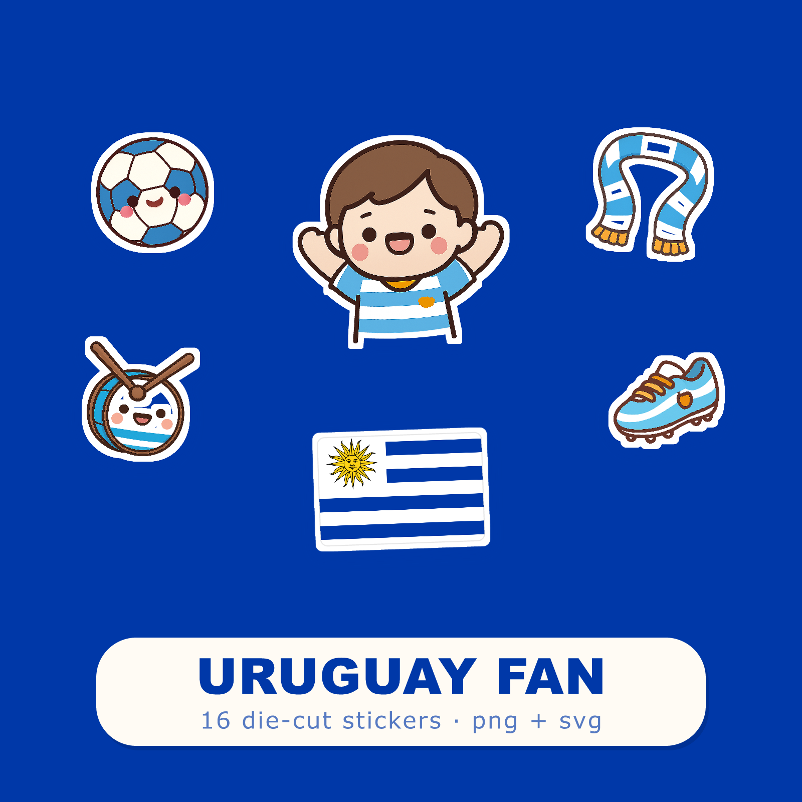 Uruguay Football Fan Sticker Pack — 16 Kawaii Die-Cut Supporter Stickers (PNG + SVG)