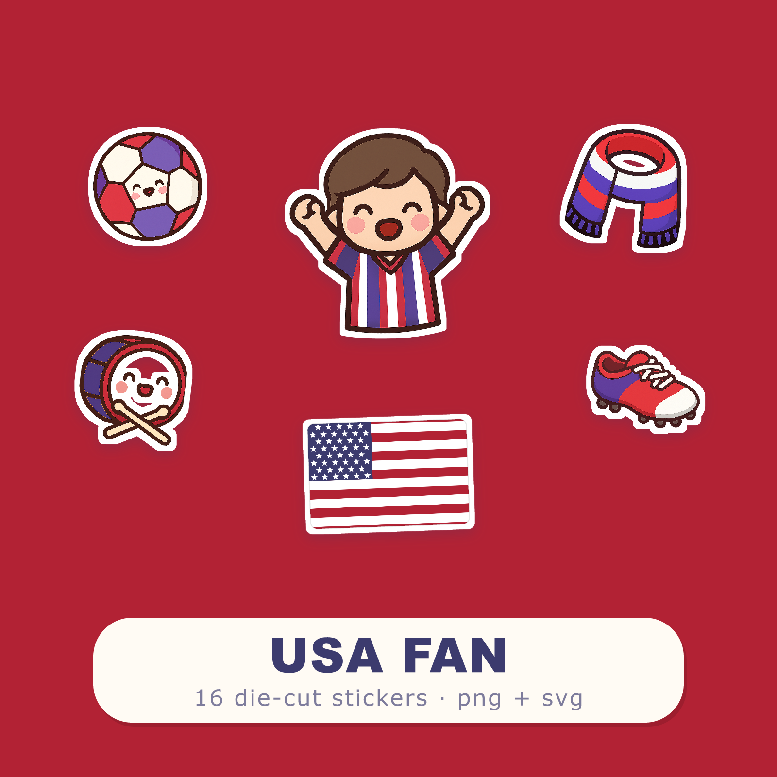 USA Football Fan Sticker Pack — 16 Kawaii Die-Cut Supporter Stickers (PNG + SVG)