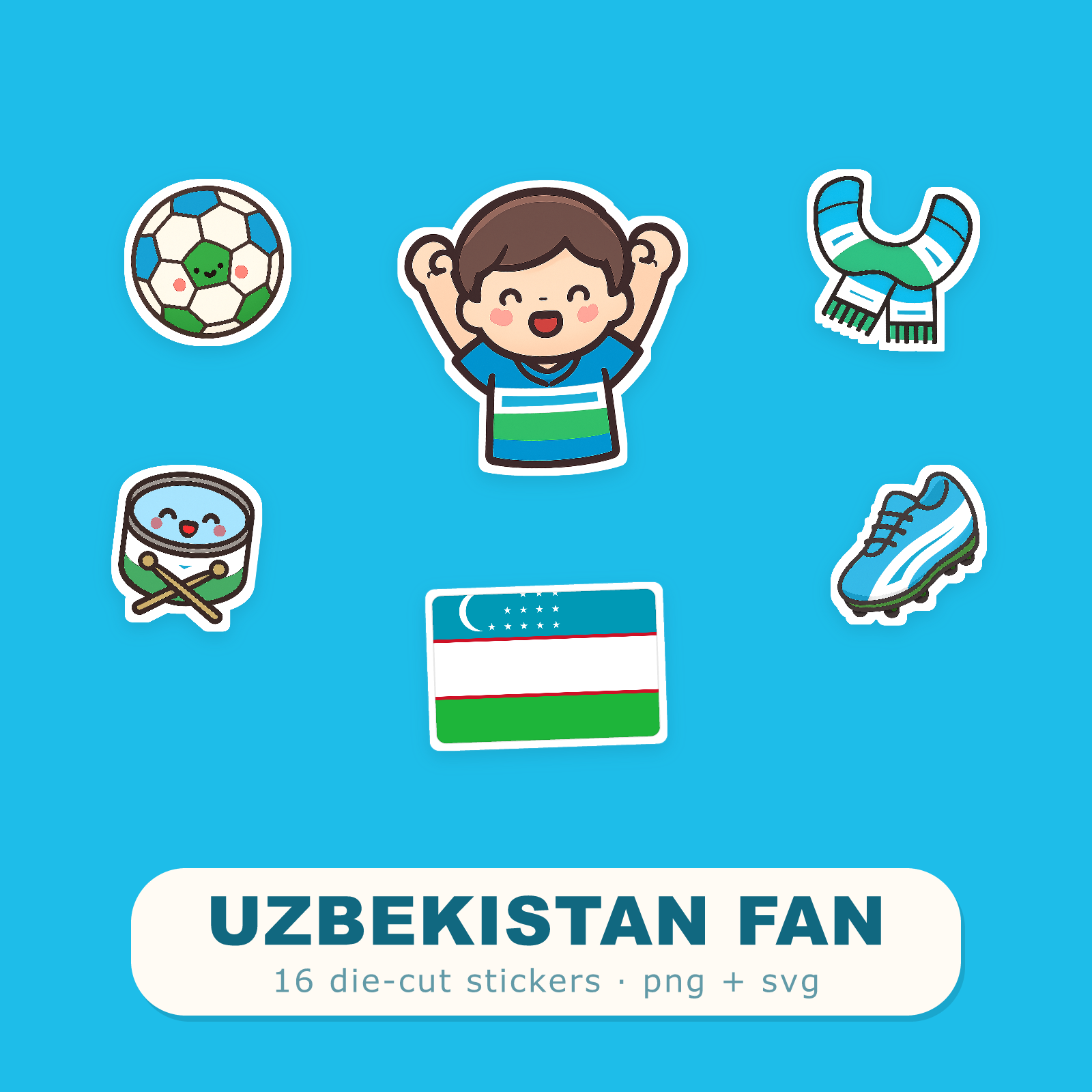 Uzbekistan Football Fan Sticker Pack — 16 Kawaii Die-Cut Supporter Stickers (PNG + SVG)
