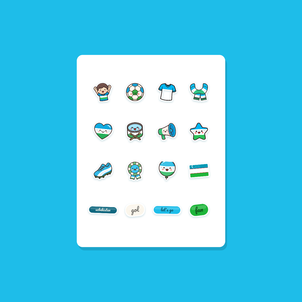 Uzbekistan Football Fan Sticker Pack — 16 Kawaii Die-Cut Supporter Stickers (PNG + SVG) preview 3
