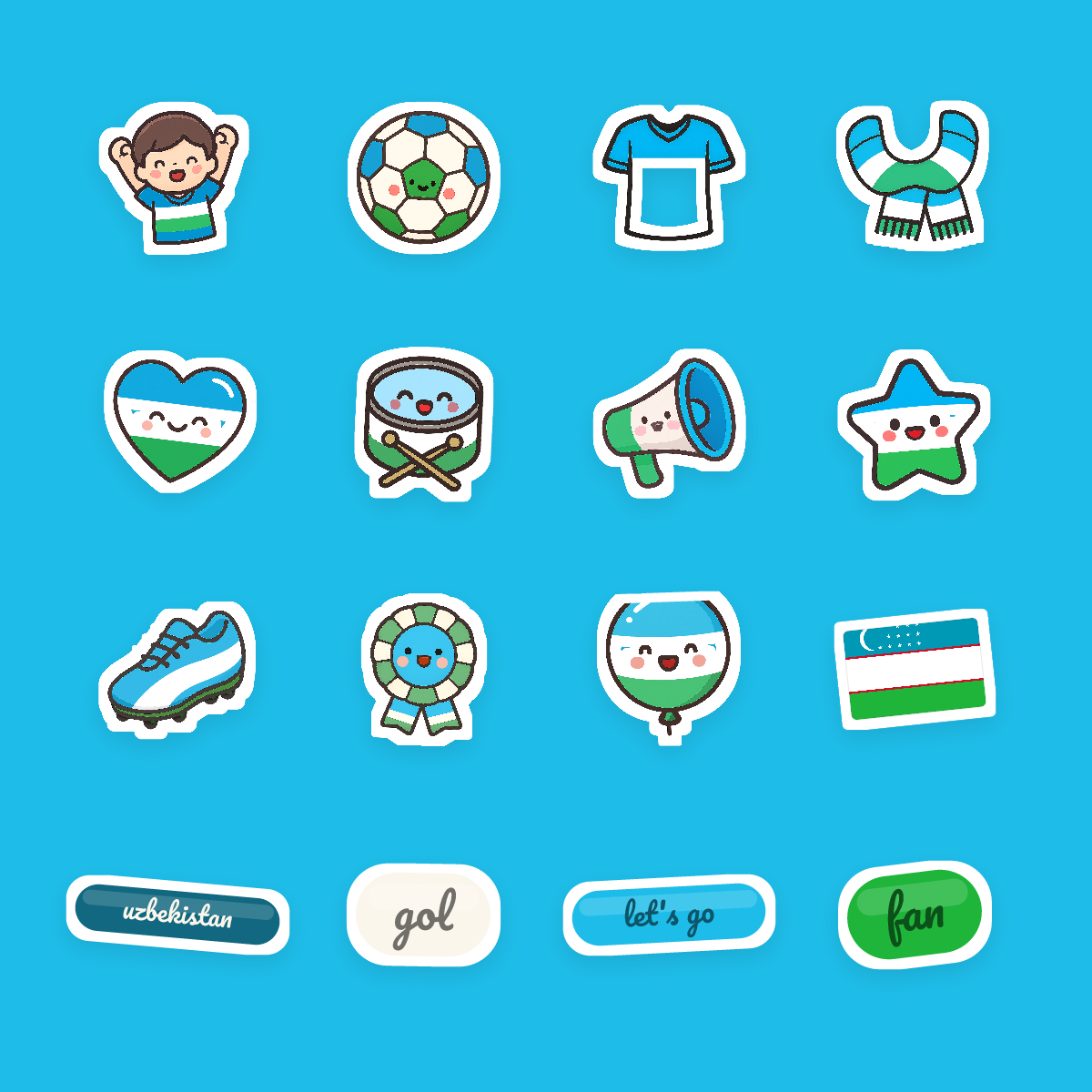 Uzbekistan Football Fan Sticker Pack — 16 Kawaii Die-Cut Supporter Stickers (PNG + SVG) preview 4