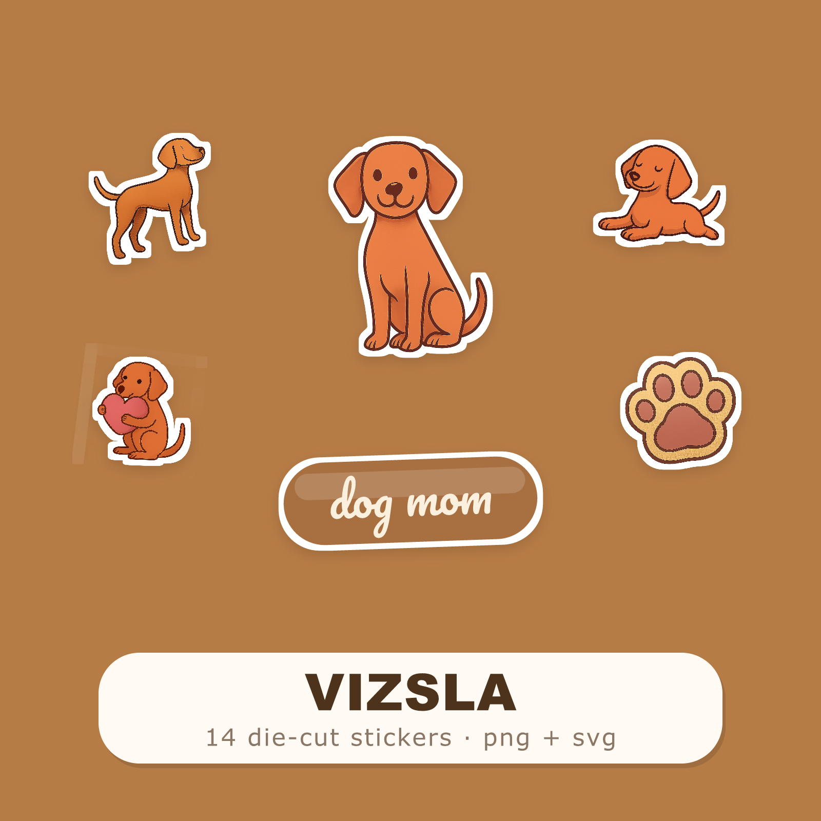 Vizsla Kawaii Sticker Pack — Dog Mom Die-Cut Stickers (PNG + SVG, Commercial Use)