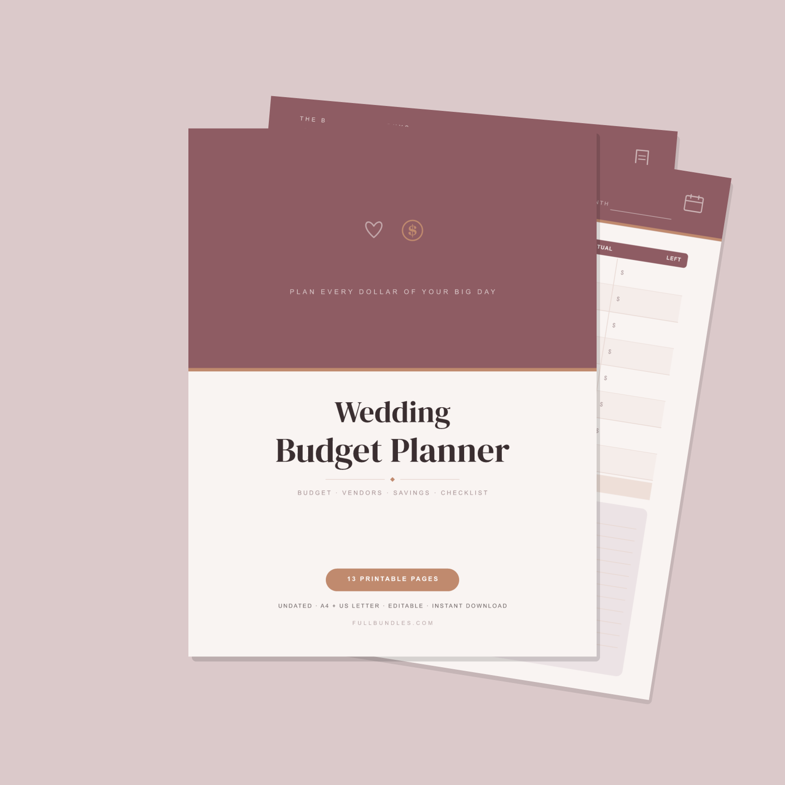 Wedding Budget Planner — 13 Printable Pages (Wedding Budget Overview, Budget by Category, Vendor Payments, Guest-Count Costs, Savings & Honeymoon Fund, Full Cost Projection · A4 + US Letter PDF + SVG)