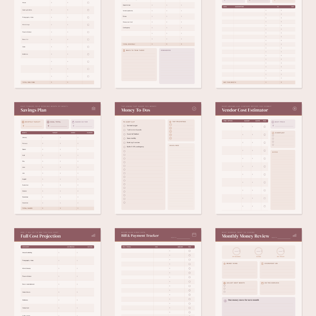 Wedding Budget Planner — 13 Printable Pages (Wedding Budget Overview, Budget by Category, Vendor Payments, Guest-Count Costs, Savings & Honeymoon Fund, Full Cost Projection · A4 + US Letter PDF + SVG) preview 3