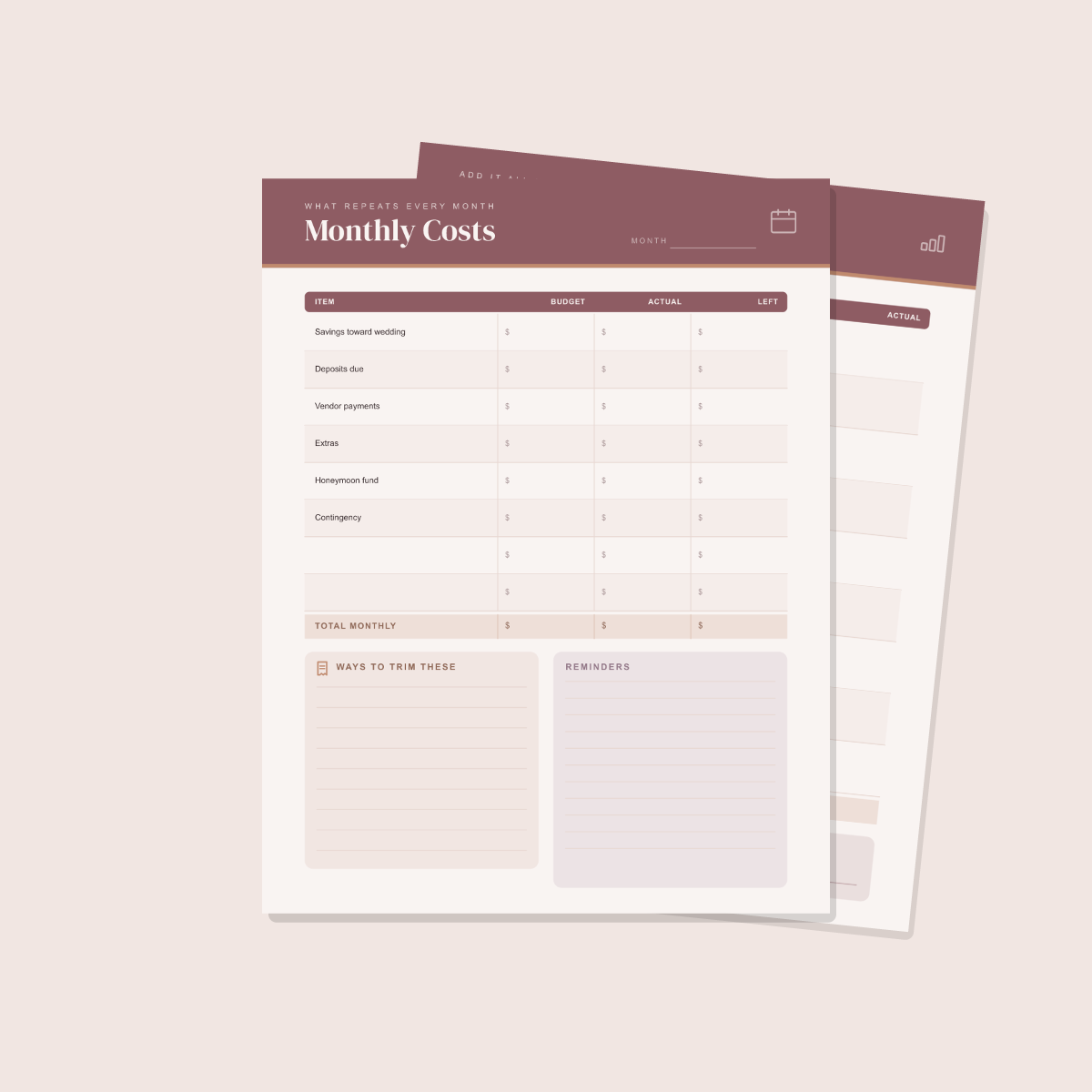 Wedding Budget Planner — 13 Printable Pages (Wedding Budget Overview, Budget by Category, Vendor Payments, Guest-Count Costs, Savings & Honeymoon Fund, Full Cost Projection · A4 + US Letter PDF + SVG) preview 4