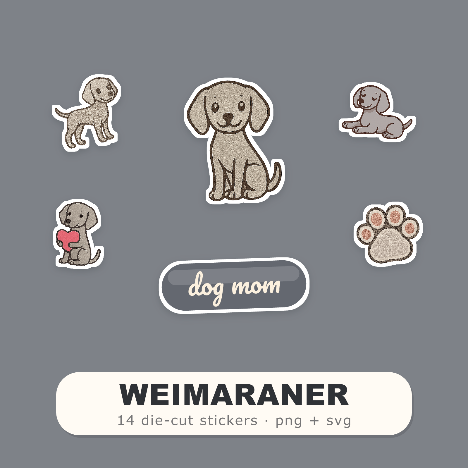 Weimaraner Kawaii Sticker Pack — Dog Mom Die-Cut Stickers (PNG + SVG, Commercial Use)