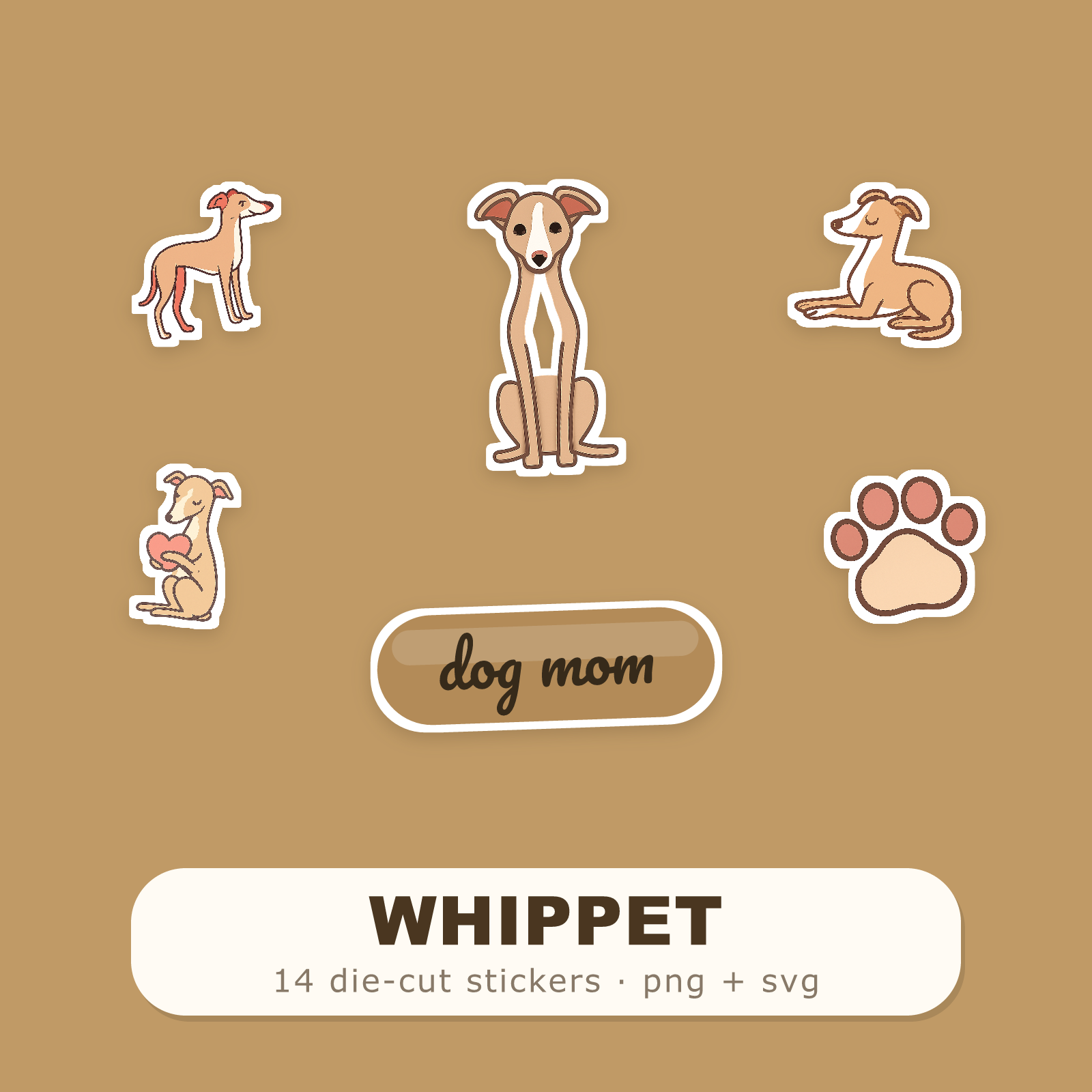 Whippet Kawaii Sticker Pack — Dog Mom Die-Cut Stickers (PNG + SVG, Commercial Use)