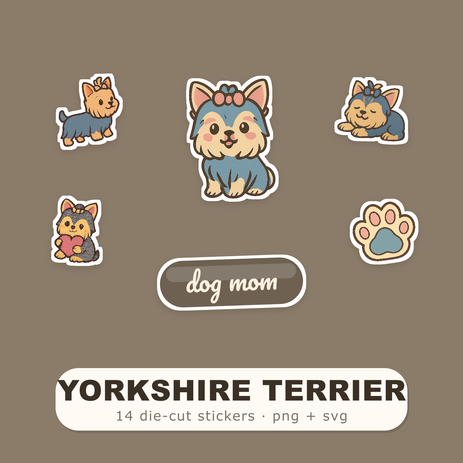 Yorkshire Terrier Kawaii Sticker Pack — Dog Mom Die-Cut Stickers (PNG + SVG, Commercial Use)